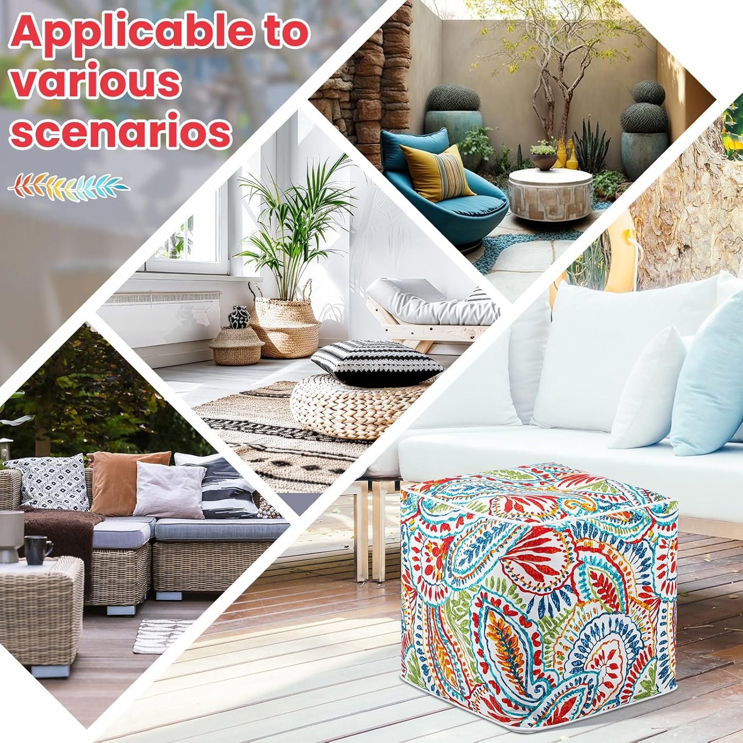 Juexica 1 Pack Ottoman Poufs Indoor Outdoor Inflatable Ottoman Stool Cube Pouffe Square Footstool with Handle for Patio Garden Home Boho Decorative Living Room, Bedroom (16 x 16 x 16 Inches)