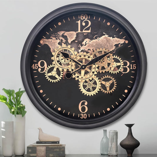 CLXEAST 24 Inch Moving Gear Wall Clock with World Map Pattern,Large Black Gold Metal Wall Clock for Modern Farmhouse Living Room Decor,Reloj De Pared para Sala
