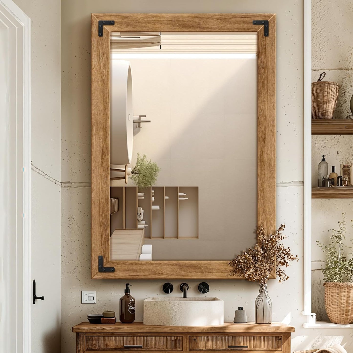 Full Length Mirror with Wooden Frame, 40"X28" Solid Wood Standing Floor Mirror for Farmhouse, Bathroom, Bedroom Decor, Hanging or Leaning Wall-Mounted