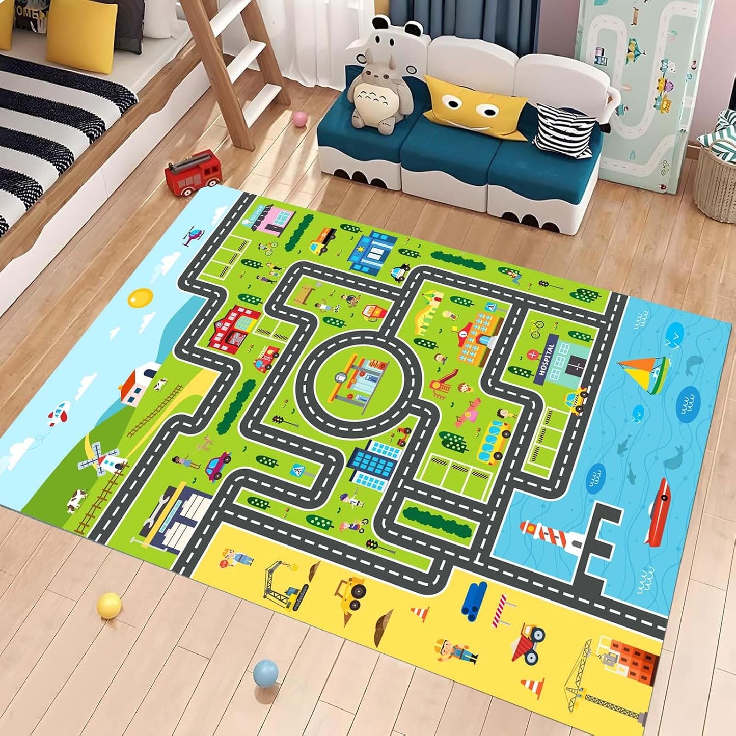 Kids Rug Playroom Car Rug Play Mat City Life Road Rugs Fun City Map for Kids Toy Cars,Carpet for Bedroom Boys (Green-Rug, 2.6x3.9ft)