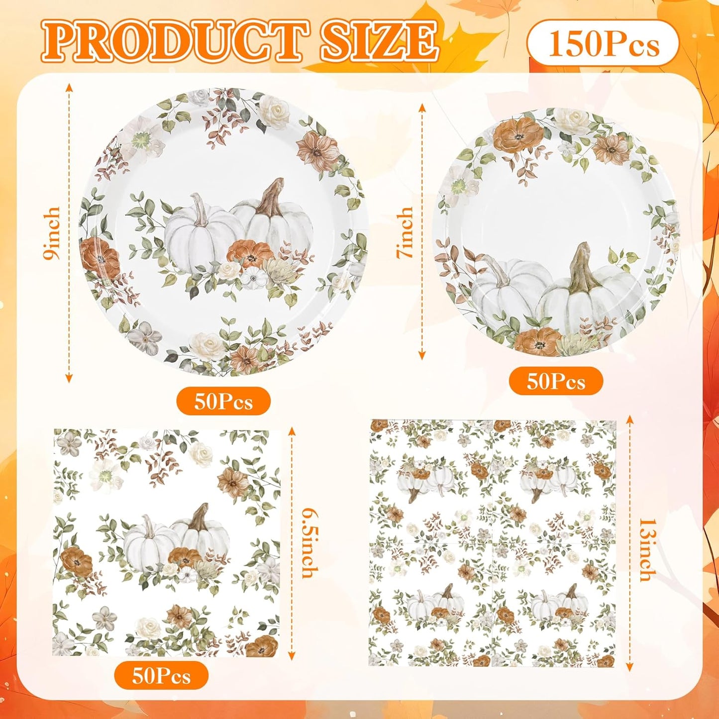 150Pcs Fall Paper Plates and Napkins Party Supplies Autumn Thanksgiving Disposable Plates Napkin White Pumpkin Plates Tableware Set for Fall Decor Thanksgiving Party Supplies,Serve 50 Guests