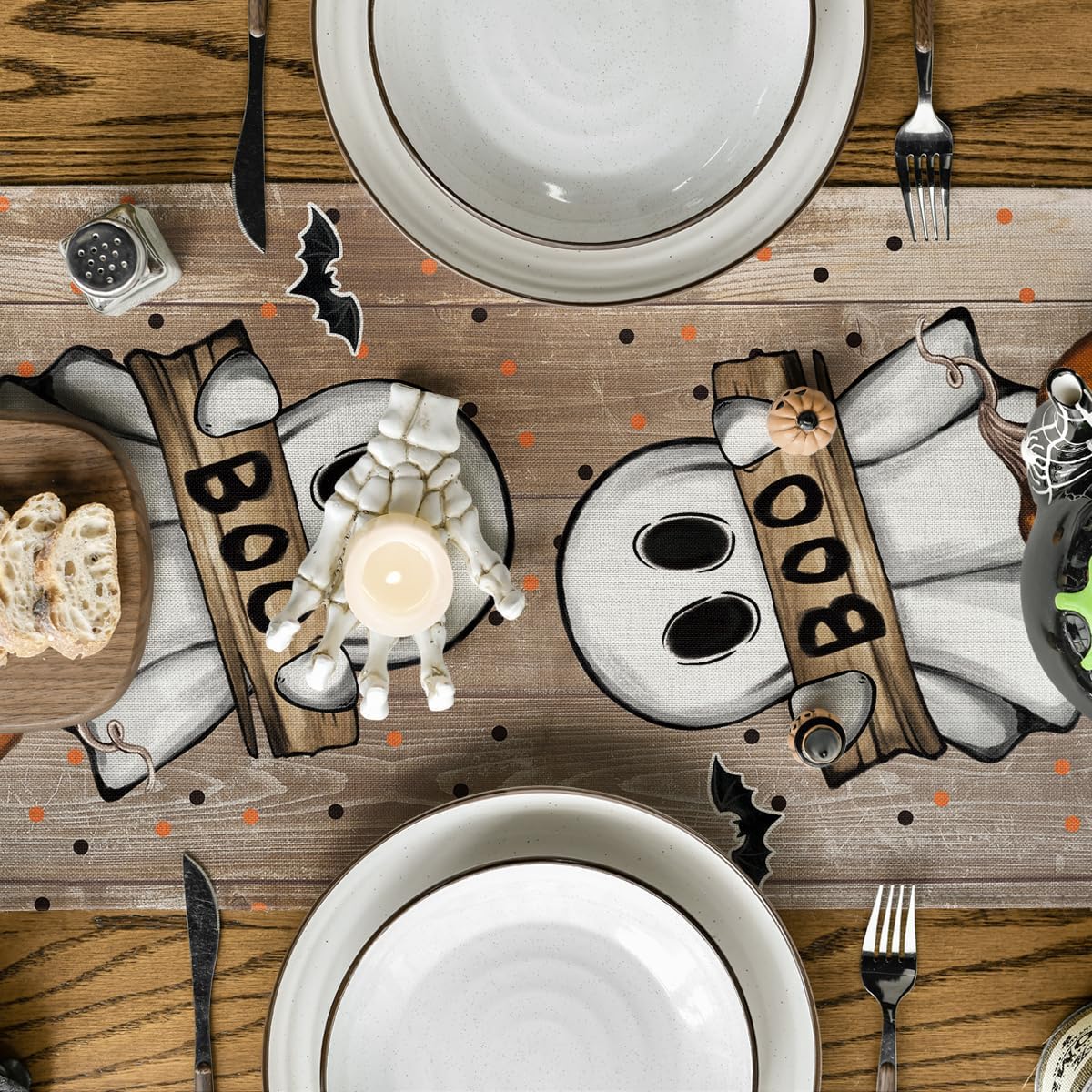 Artoid Mode Jack-O'-Lantern Ghost Pumpkin Cat Boo Halloween Table Runner, Bat Seasonal Kitchen Dining Table Decoration for Home Party Decor 13x72 Inch