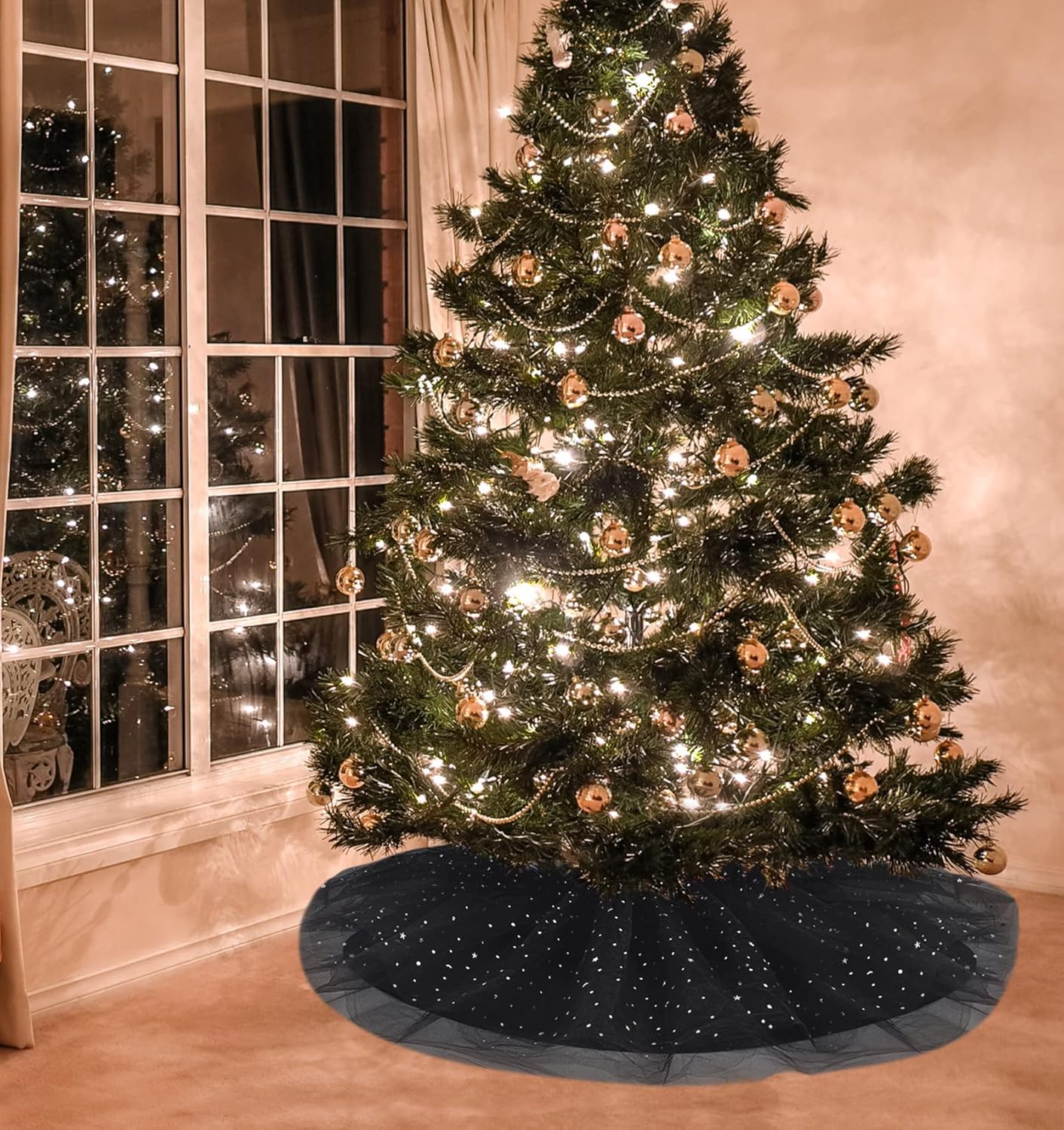 Christmas Wedding Tree Skirt,45 inch 4-Layer Fluffy Romantic Pleated Sparkly Halloween Skirt Decoration Xmas Tree Ornament for Holiday and Party(Black)