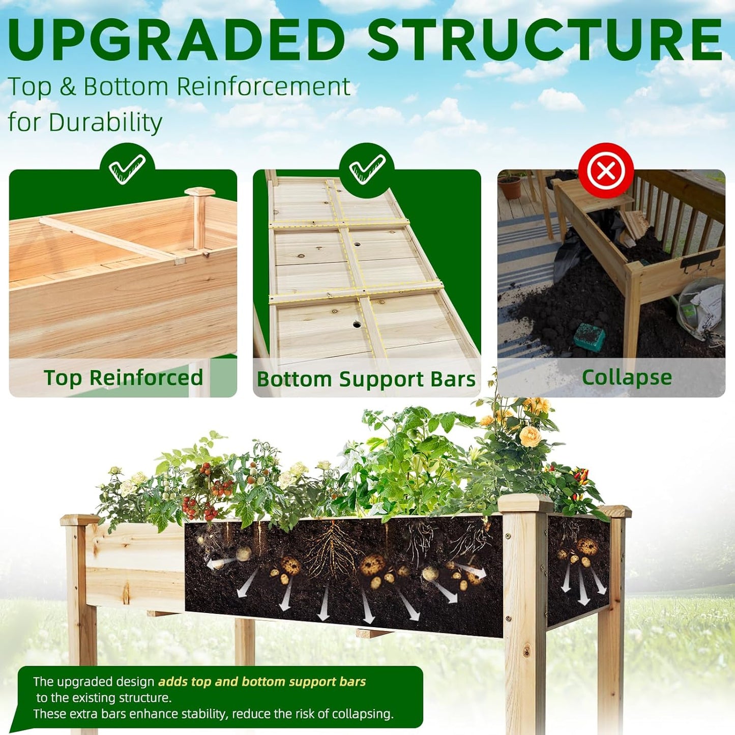 BSP Raised Garden Bed with Legs Outdoor Elevated Planter Box Flower Bed Wood Planter for Vegetable Herb Upgraded Solid Structure Growing Box Suitable for Backyard Patio and Balcony, 48”L X 24”W