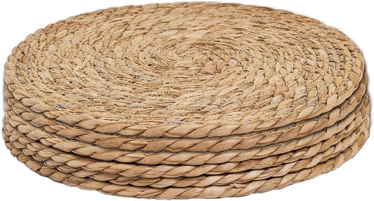 Defined Deco Woven Placemats Set of 6,13" Round Rattan Placemats,Natural Hand-Woven Water Hyacinth Placemats,Farmhouse Weave Place Mats,Rustic Braided Wicker Table Mats for Dining Table,Home,Wedding.
