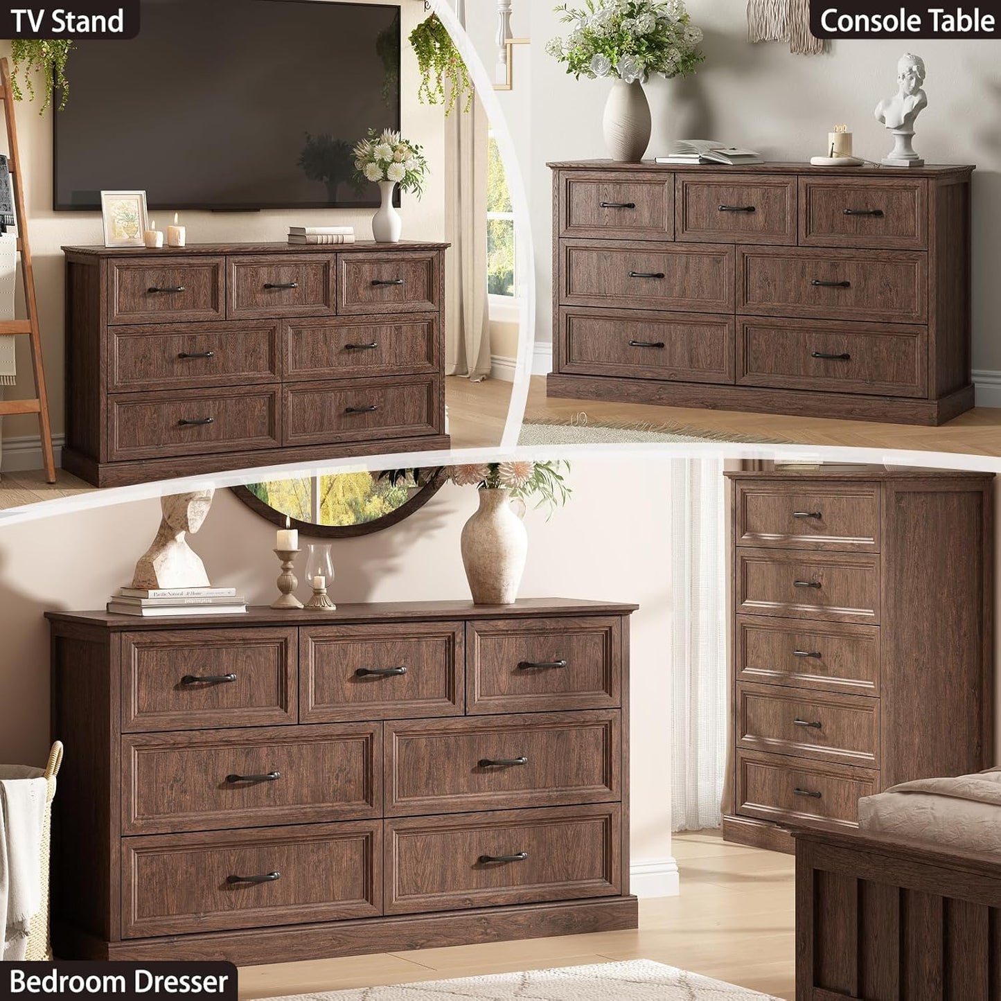 Farmhouse 7 Drawer Dresser for Bedroom, 55 Inch Wide Modern Brown Dresser TV Stand with Large Drawers & Bar Handles, Rustic Wood Chest of Drawers for Bedroom, Living Room, Hallway, Entryway.