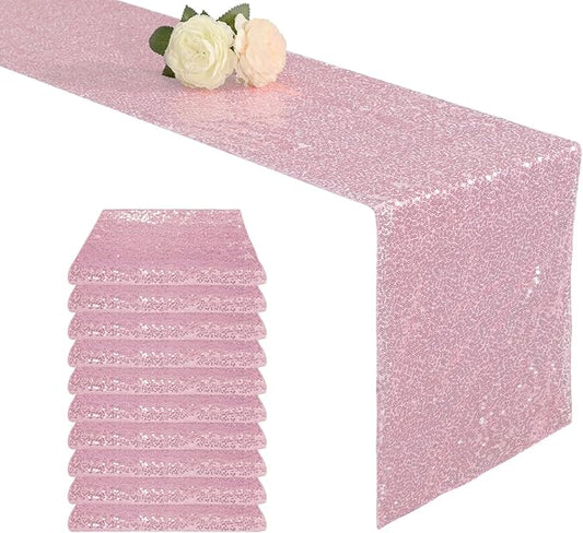 10 Pack 12 x 72 Inch Pink Sequin Table Runner, Sparkly Glitter Table Runners for Wedding, Birthday, Bachelorette, Baby Shower, Holiday Party Decorations Supplies