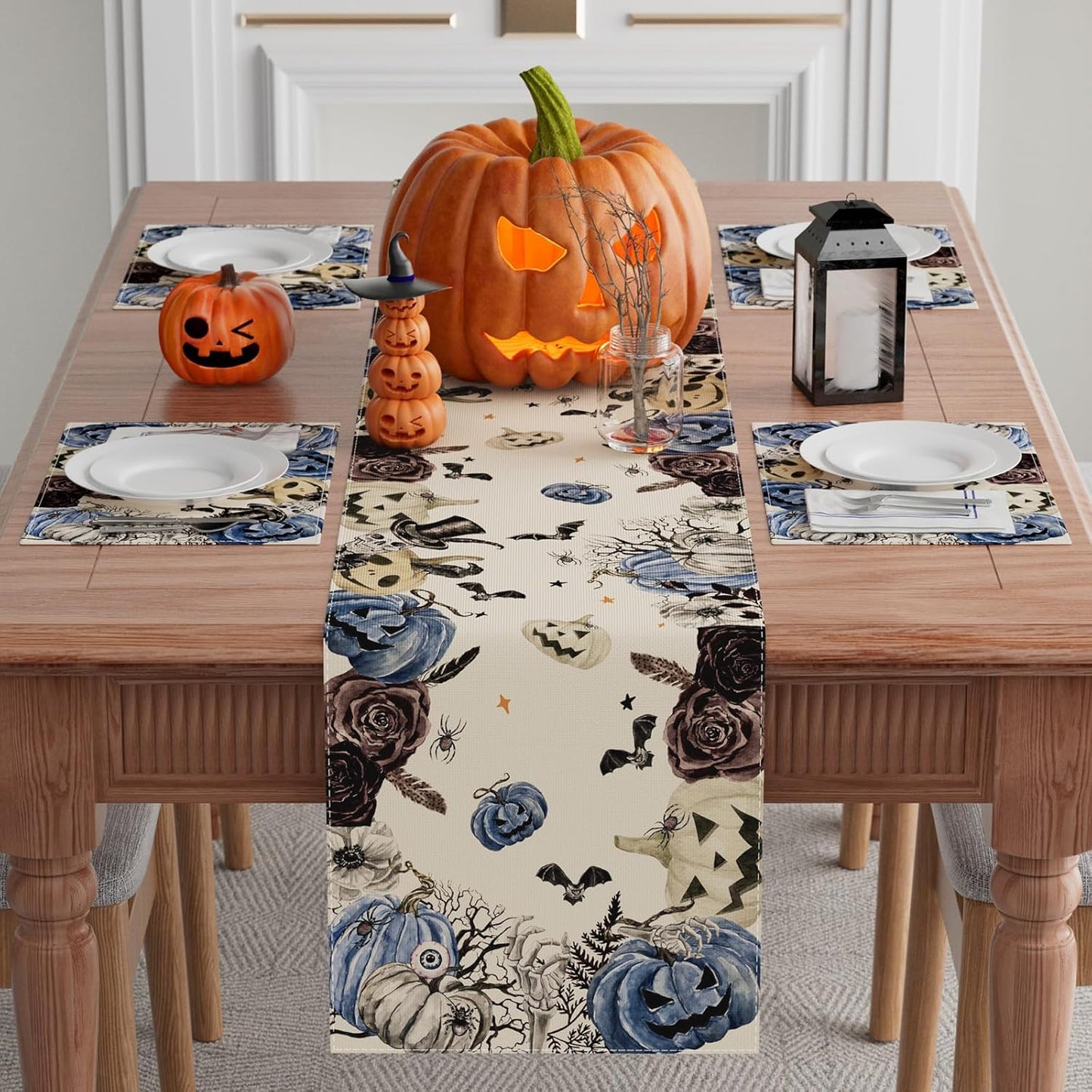 XCHI Spooky Blue Pumpkin Halloween Table Runner Party Table Decoration for Home Kitchen Dining Holiday Decor 13x120 Inch