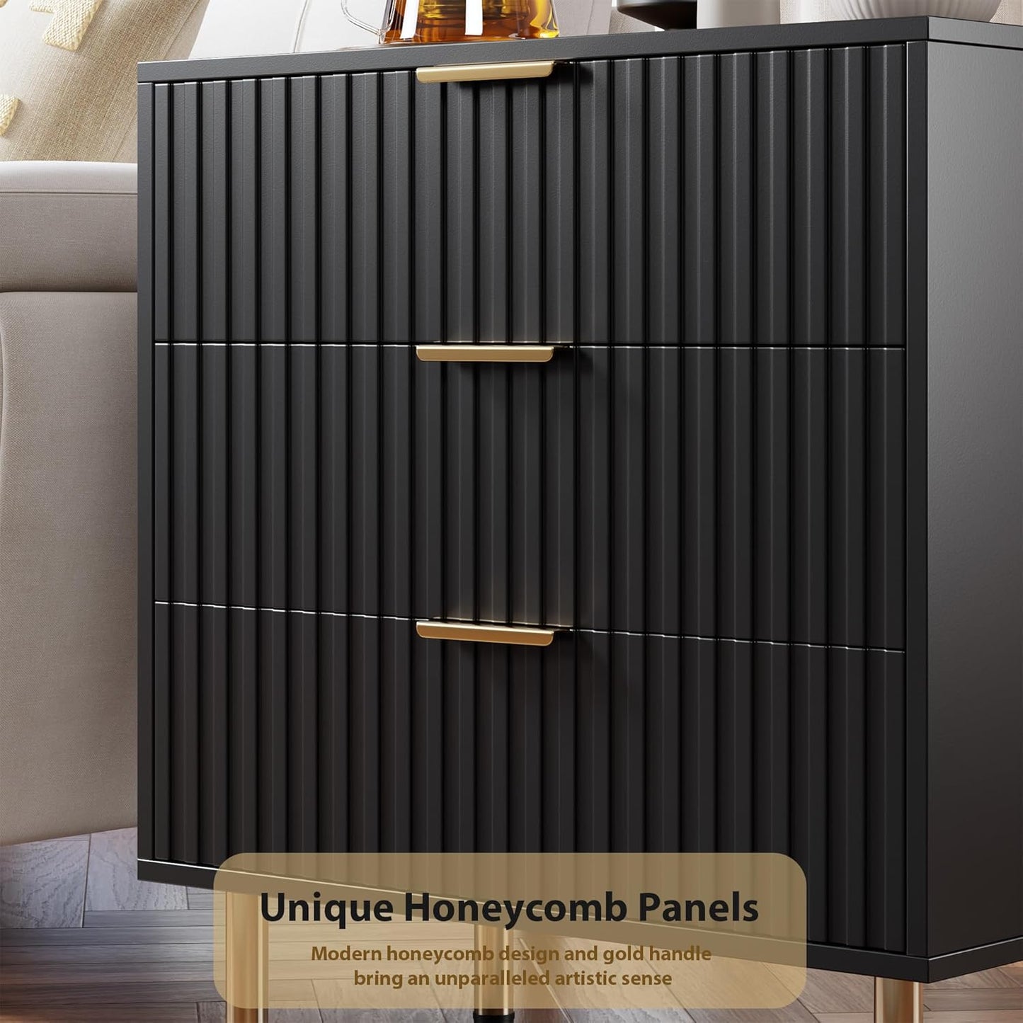 3 Drawer Dresser for Bedroom, Fluted Modern Nightstand with Deep Drawers, Chest of Drawers with Wide Top, Wooden Dresser Organizer, Side Table for Living Room, Hallway, Kids Room, Black