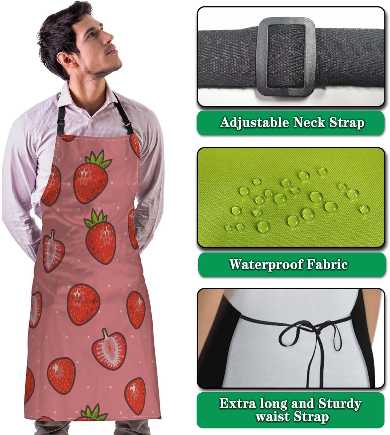 Kitchen Apron for Men Strawberry and Strawberry Slices Cute Aprons for Women for Cooking Restaurant BBQ Painting Crafting Gardening 27” (W) x 31” (H), Waterproof Aprons