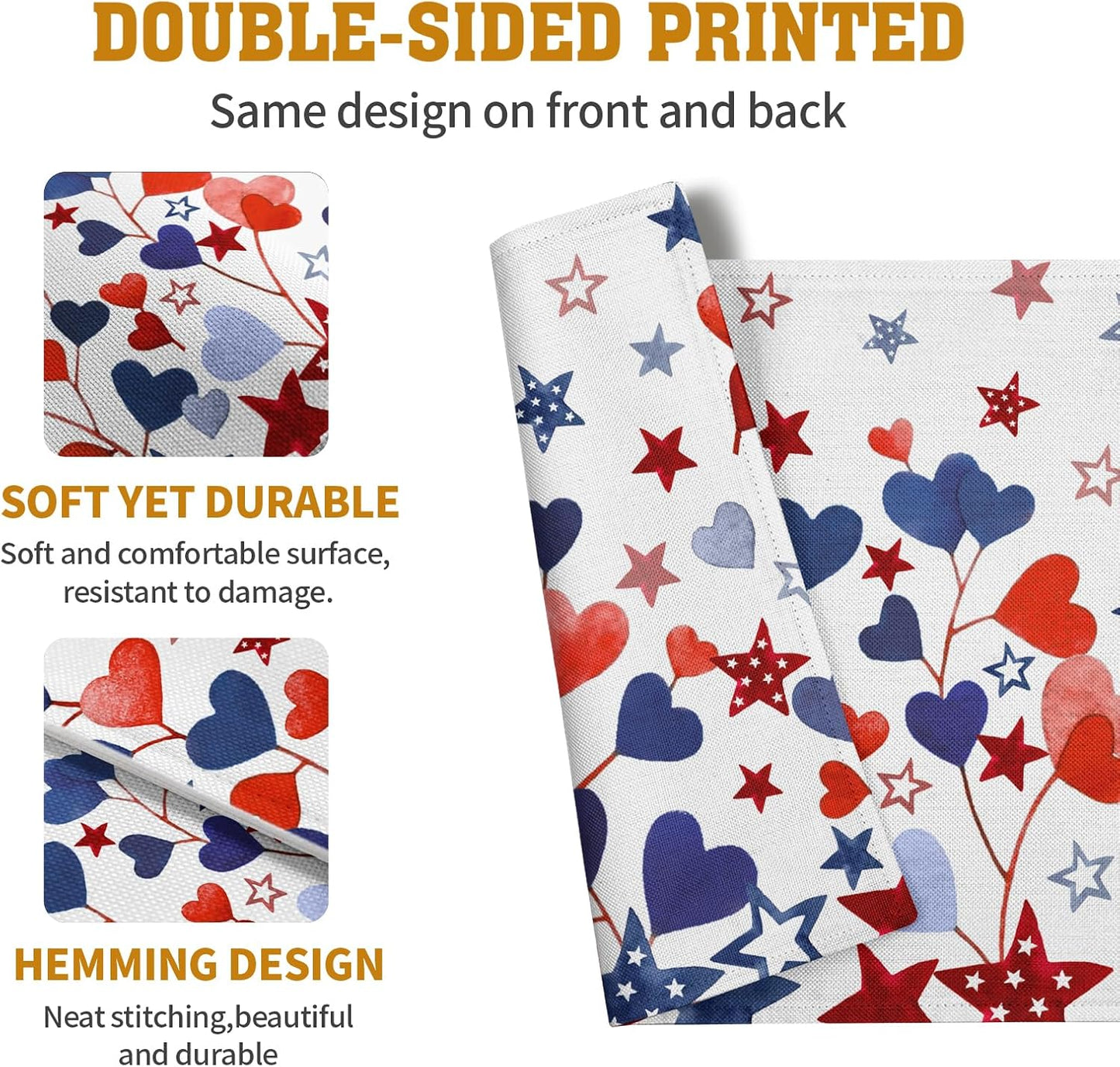 Red Blue Heart Stars 4th of July Placemats Set of 4 Patriotic America Independence Memorial Day Linen Table Mats 12x18 Inch Washable Place Mats for Party Kitchen Dining Outdoor Indoor Decor