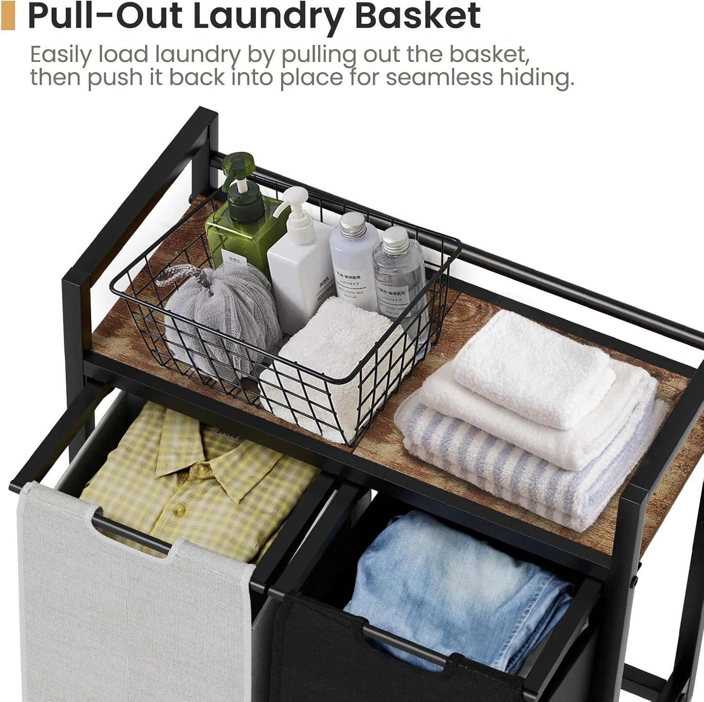 Laundry Hamper, Laundry Basket, Laundry Sorter with 2 Removable Bags, Clothes Basket with 2 Compartments, Wheels, Shelf for Laundry Room Bathroom Bedroom (2 Bags-Black Grey)
