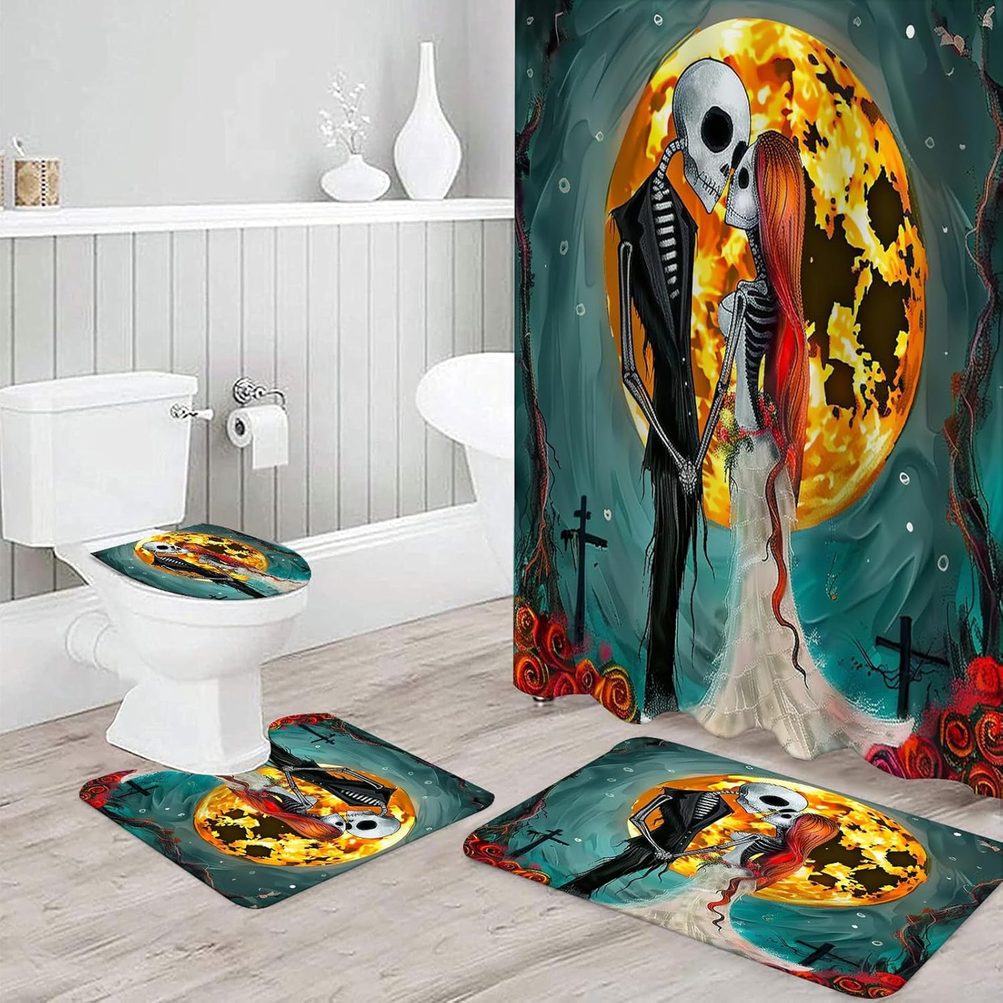 NEWSUYAA Halloween Decorations Shower Curtain Set with Non-Slip Rugs and Bath Mats,Black Skull Skeleton Bathtub Curtains with 12 Hooks,All Saints'Day (Nov 1st) Bathroom Decor