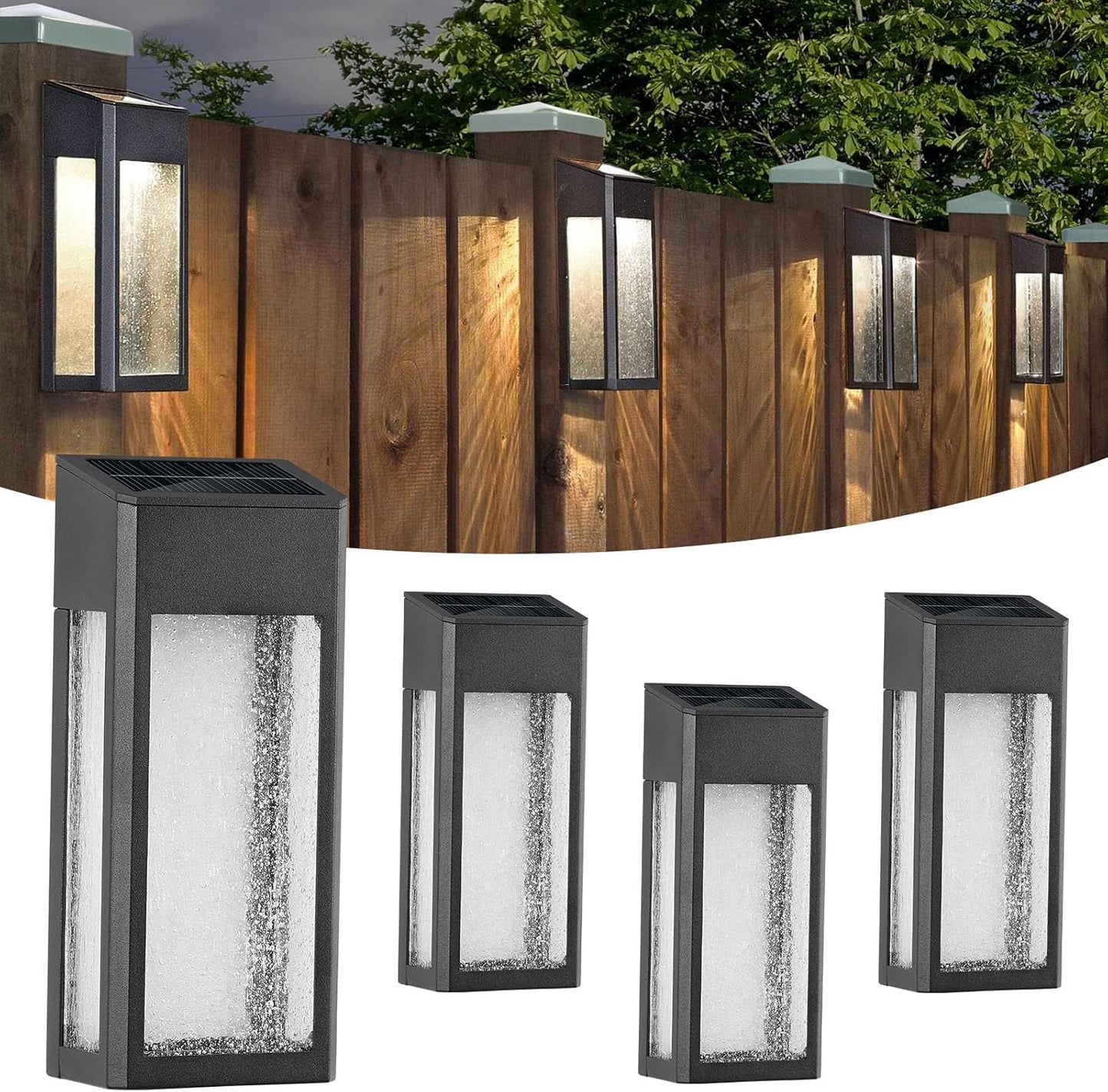 Solar Outdoor Lights, Metal Seeded Glass Fence Lights, Auto On/Off Waterproof Wall Lights,Warm/Color Changing Light Solar Lights for Wall Fence Patio Yard Porch Garden Decor,4 Pack