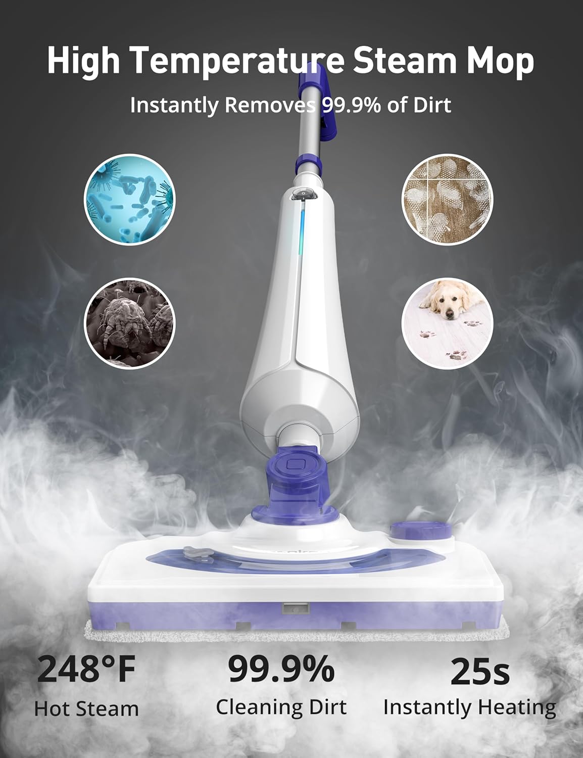 Professional Steam Mop Cleaner, 1300W Floor Steamer with Detergent Chamber, 25S Heat Up, Lightweight Steamer for Cleaning with 2 Washable Pads, Safe for Tiles, Upholstery, Carpet, Hardwood