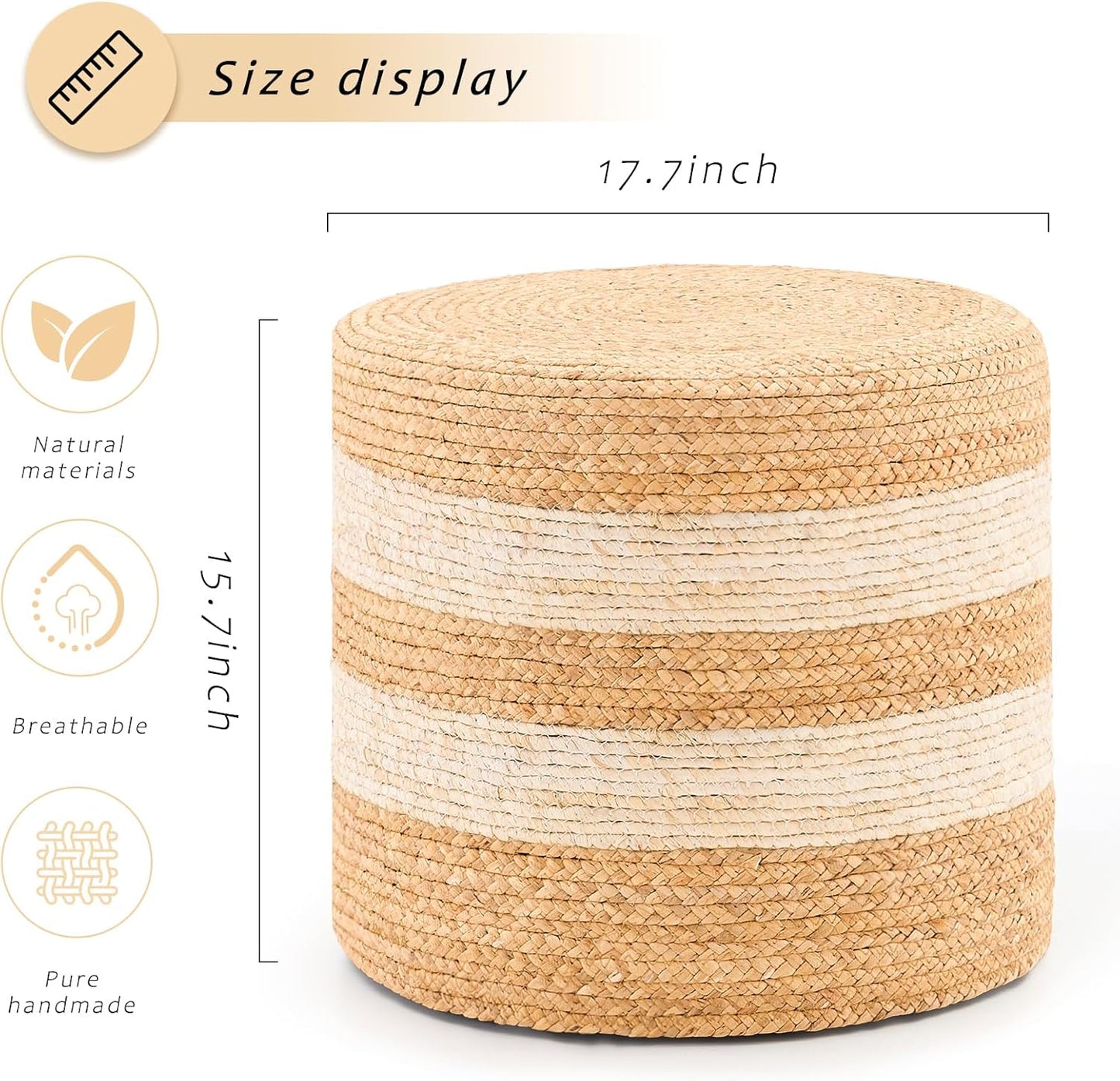 Handwoven Ottoman Pouf, Natural Water Hyacinth Footstool, Round Braided Outdoor Seat with Sturdy Frame, Boho Accent Stool for Patio, Balcony, or Garden (White)
