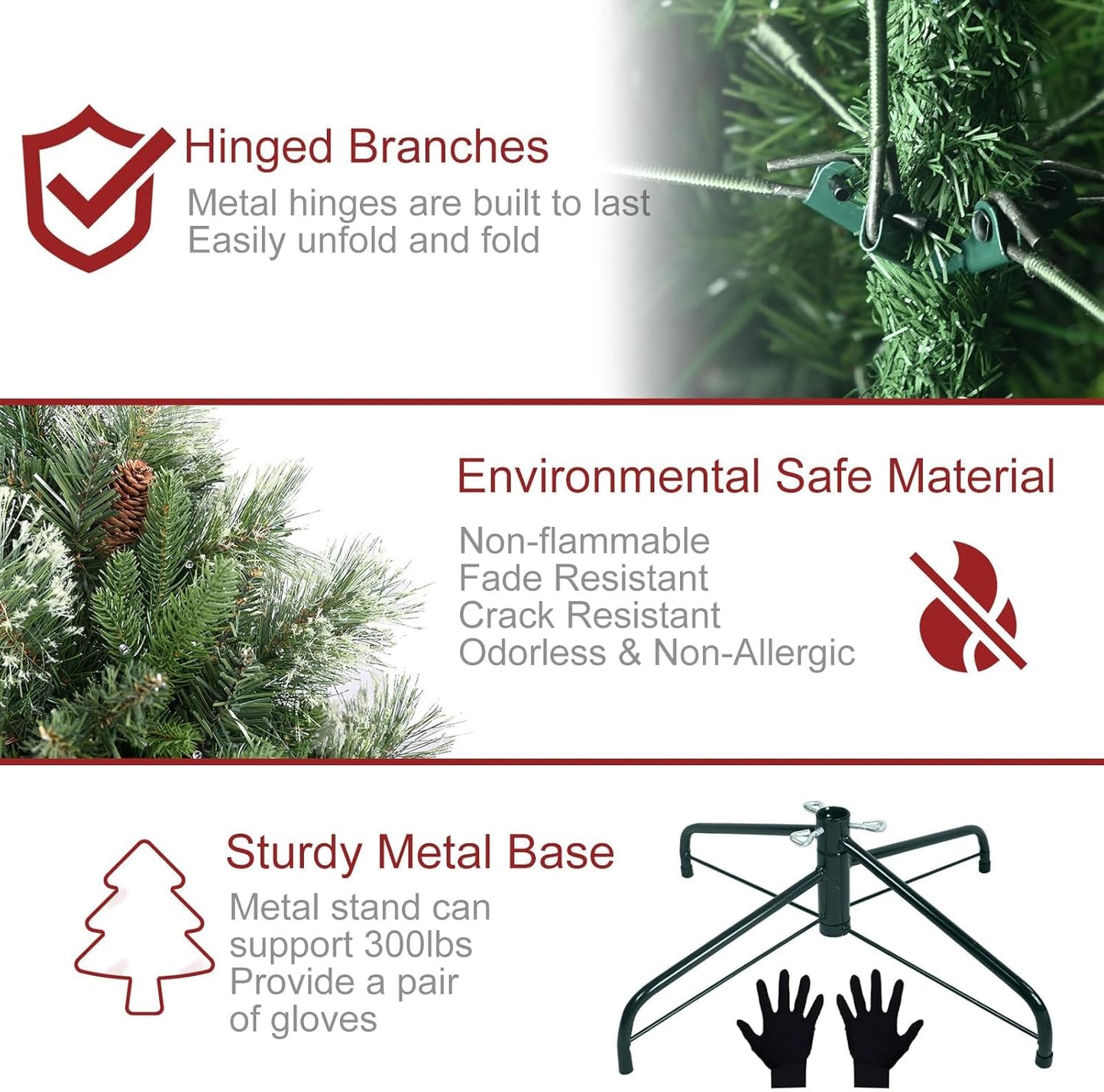 Kadunmina 8ft Prelit Christmas Tree, Artificial Carolina Pine Christmas Tree with 820 Warm White Lights, Pine Cones, 1897 Branch Tips and Metal Stand for Home, Office, Holiday Party Decoration