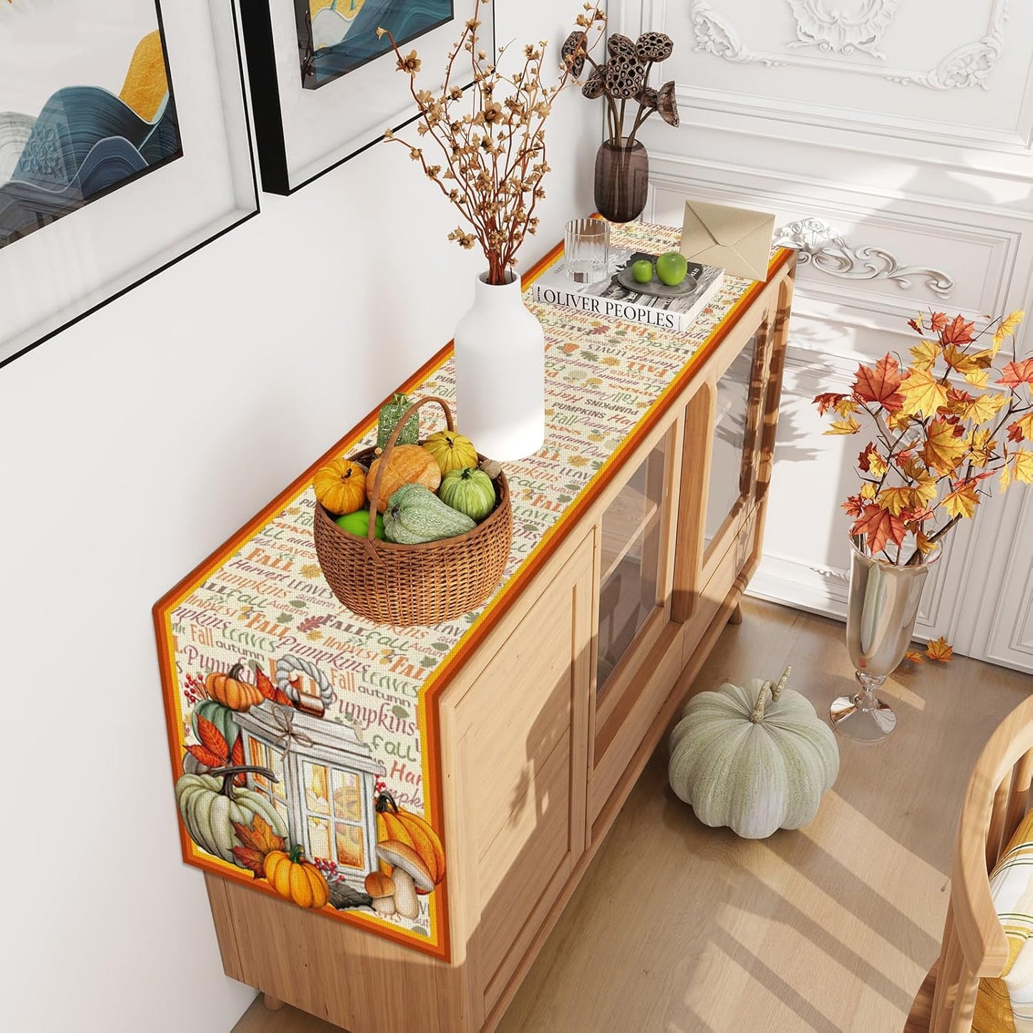 Linen Fall Table Runner - 120 Inch Farmhouse Leaves Pumpkin Table Decor - Autumn Thanksgiving Home Kitchen Dining Room Decorations