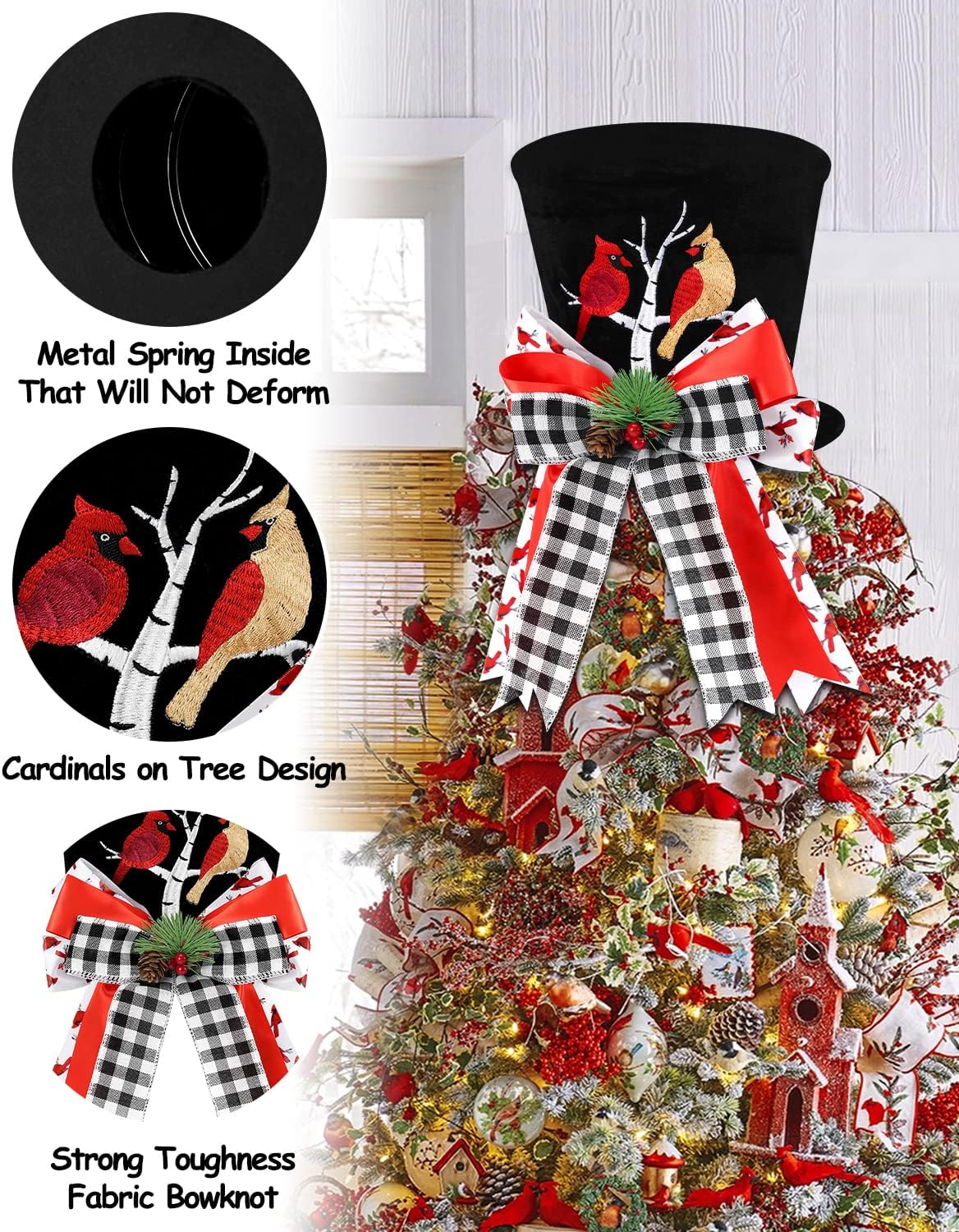 Cardinal Christmas Tree Topper Top Hat with Buffalo Plaid Check Bows Xmas Couple Cardinals on Tree Ornament Winter Holidays Home Decoration Memorial Sympathy Gift for Him Her