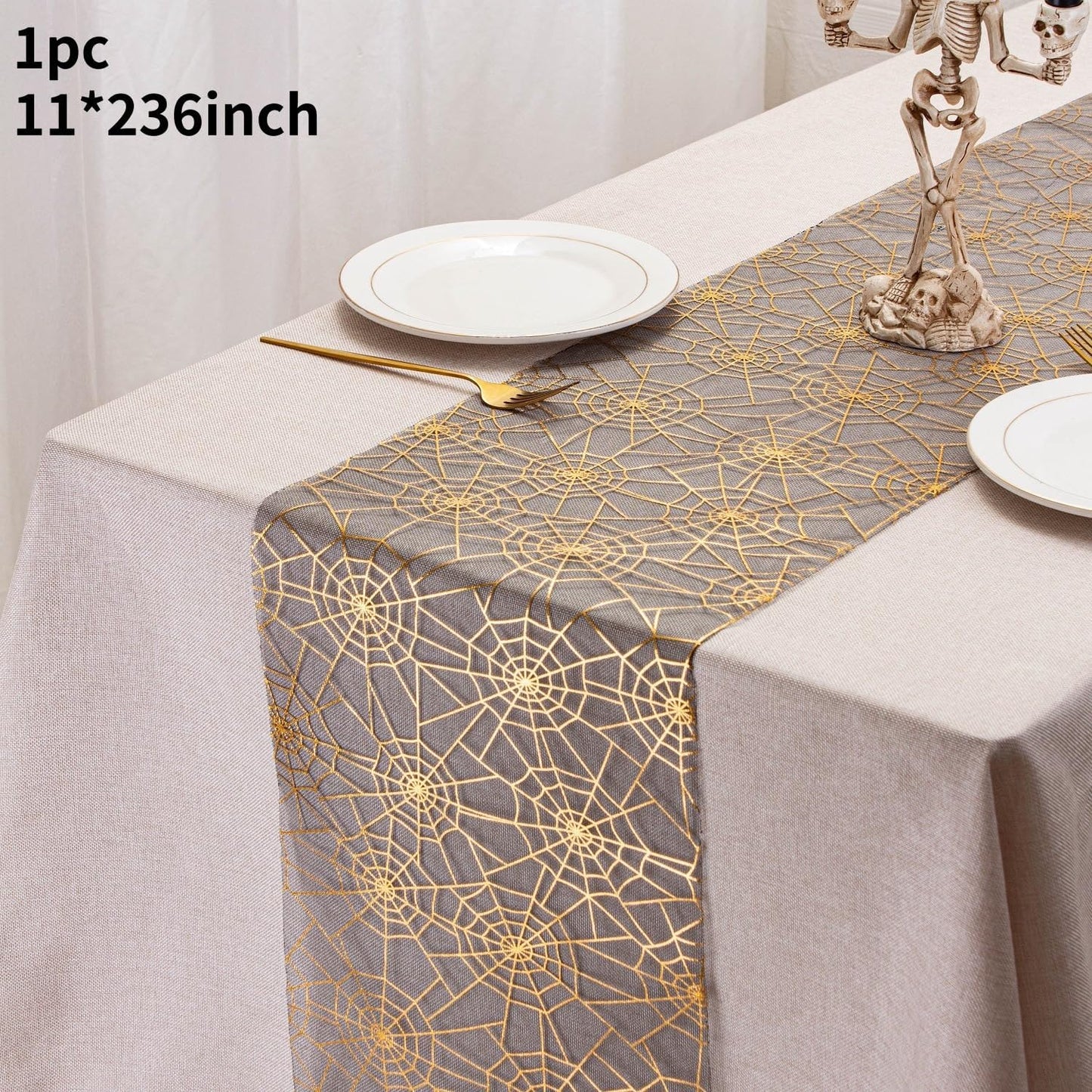 Halloween Spider Web Table Runner Foil Metallic Thin Mesh Runners Gold Spider Web Table Runners for Tables Kitchen Dining Decorations Party Supplies 11*108"