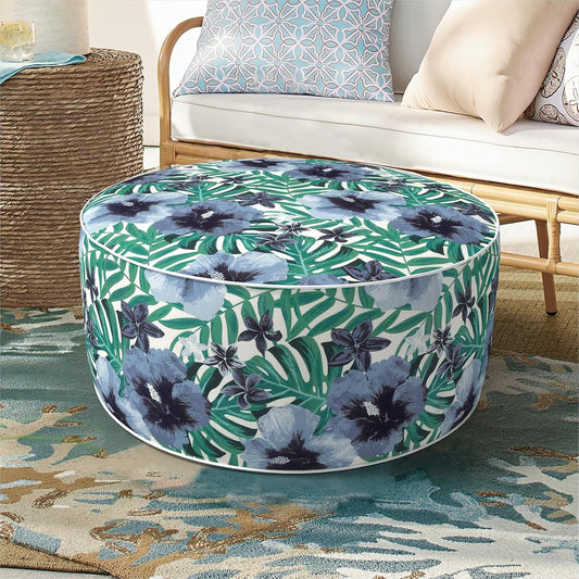 Inflatable Ottoman Stool D21 xH9 for Outdoor/Indoor Use, Water Repellent Patio Foot Rest with Portable Handle,Round Pouf Ottoman Suitable for Garden,Deck and Camping - Blue Salmone Tropical