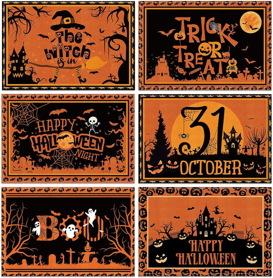 Umigy 6 Pcs Halloween Placemats 12"x18" Gothic Bat Placemats Kitchen Decoration Washable Witch Place Mats Rectangle Skull Table Mats for Halloween Dining Table Accessories(Black Orange Style)