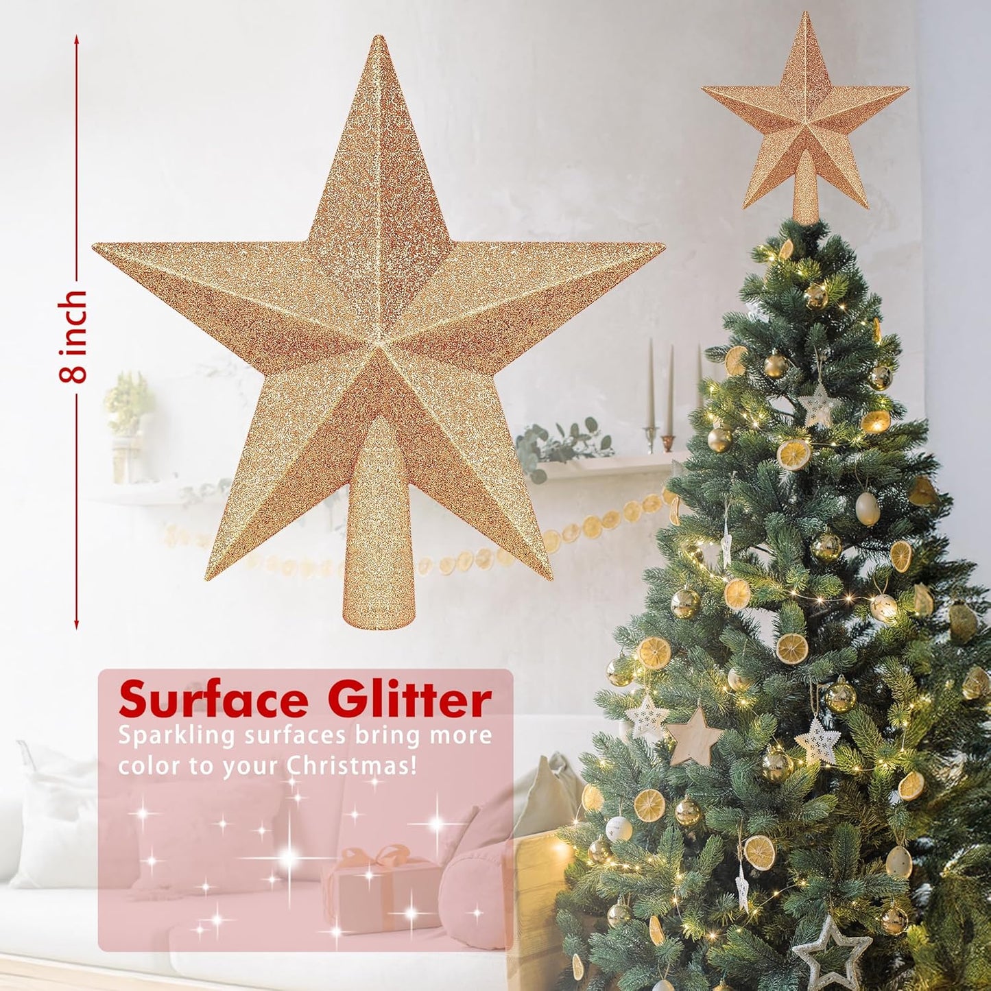 Christmas Tree Star Topper, 8" Champagne Xmas Star Tree Decorations, 3D Shatterproof Bethlehem Star Tree Topper Decorations, Waterproof Xmas Tree Topper Decor for Christmas Home Outdoor Ornament