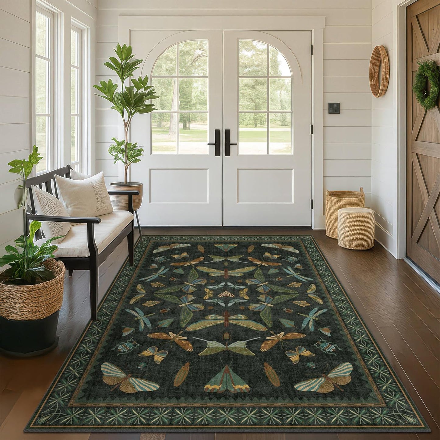 Black and Green Rug 5x8 for Living Room - Dark Moody Rugs for Dining Room Table, Playroom, Home Office, Insect Floral Moth Décor, Washable Non Skid Foldable