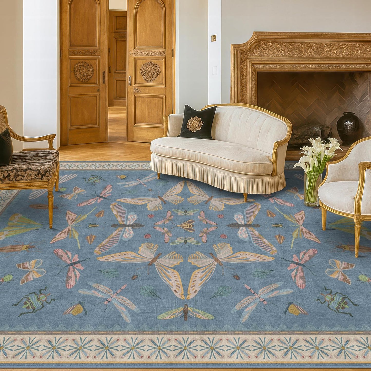 6x9 Blue Floral Rug for Dining Room Table - Area Rugs for Living Room, Bedroom, Insect Moth Art Nouveau Décor, Washable Lightweight Foldable Non Slip