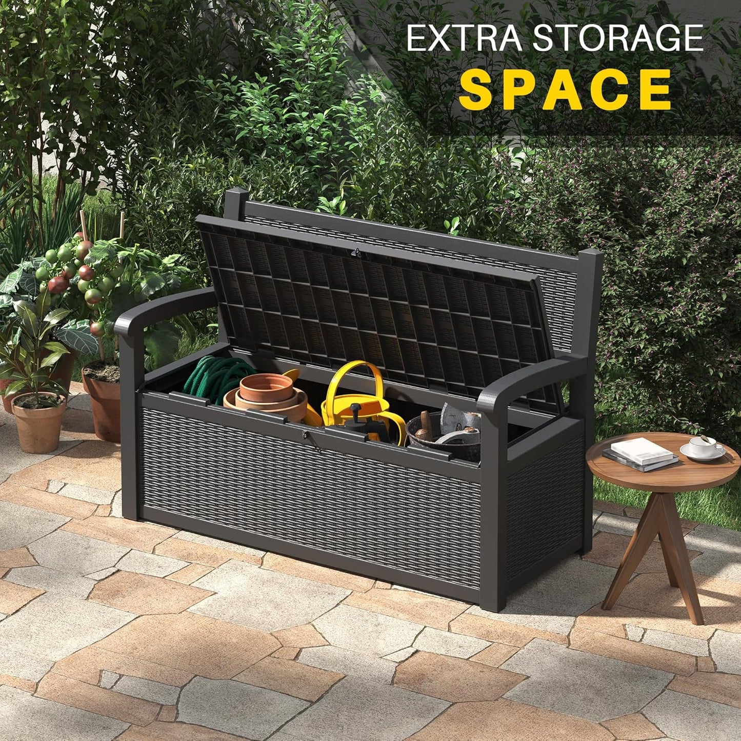 70 Gallon Deck Bench with Storage,Outdoor Storage Box Bench Waterproof&Lockable, Resin Patio Furniture with Armrest for Patio, Porch, Garden,Black