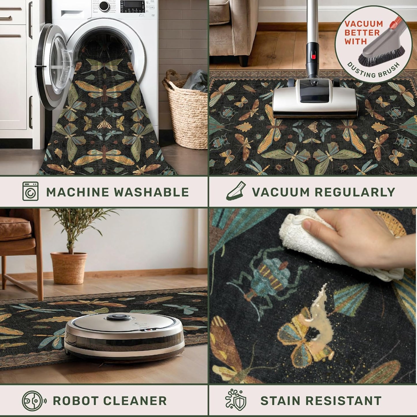 Insect Print Washable 4x6 Entryway Rug - Non-Slip Low Pile Area Rug for Large Kitchen, Bedroom, Office - Ultra Soft Aesthetic Decor, Black & Brown