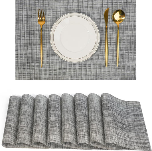 Placemats Set of 8，Non-Slip PVC Weave Table Mats Easy to Clean，Heat Resistant Place Mats for Kitchen Dining Table Decoration Indoor Outdoor，Gray