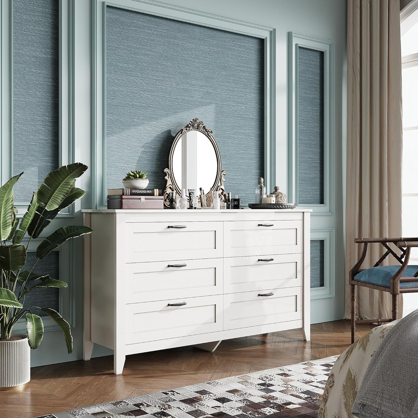 WLIVE White Dresser for Bedroom, 6 Drawer Wood Dresser with Metal Handle, Large Double Wooden Chest of Drawers for Living Room, Hallway, Closet