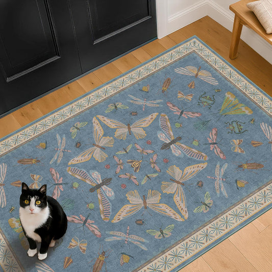 Washable Blue Rugs for Bedroom Bedside - 3x5 Laundry Room Rug for Large Kitchen, Entrance Indoor, Boho Insect Print Bug Décor, Non Slip Low Pile Fade Resistant