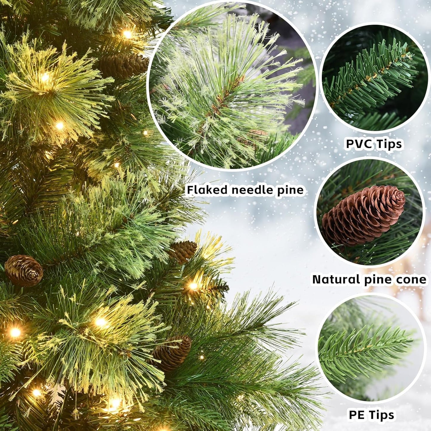 Kadunmina 8ft Prelit Christmas Tree, Artificial Carolina Pine Christmas Tree with 820 Warm White Lights, Pine Cones, 1897 Branch Tips and Metal Stand for Home, Office, Holiday Party Decoration