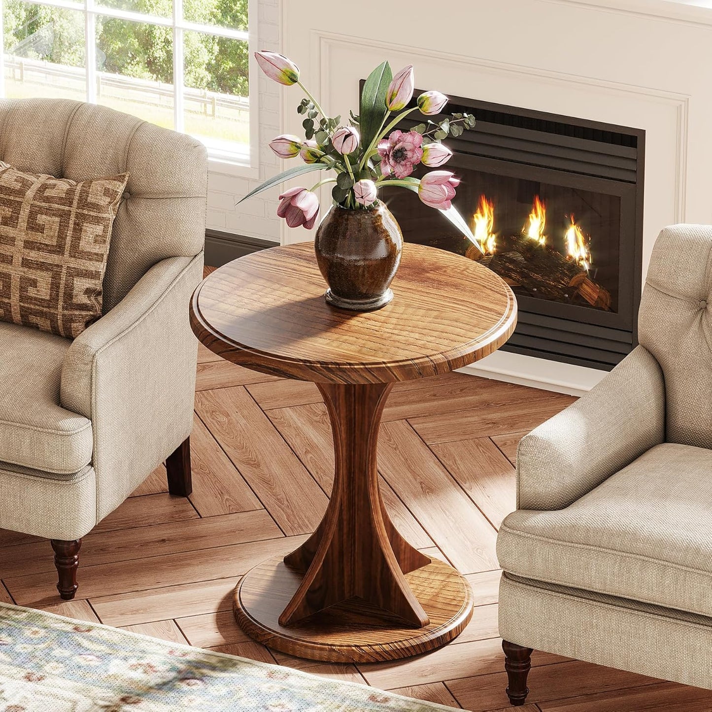 Tribesigns Round End Table for Living Room, Wood Side Table Set of 2, Mid-Century Bedside Nightstand for Bedroom, Accent Table, Easy Assembly, Vintage Brown