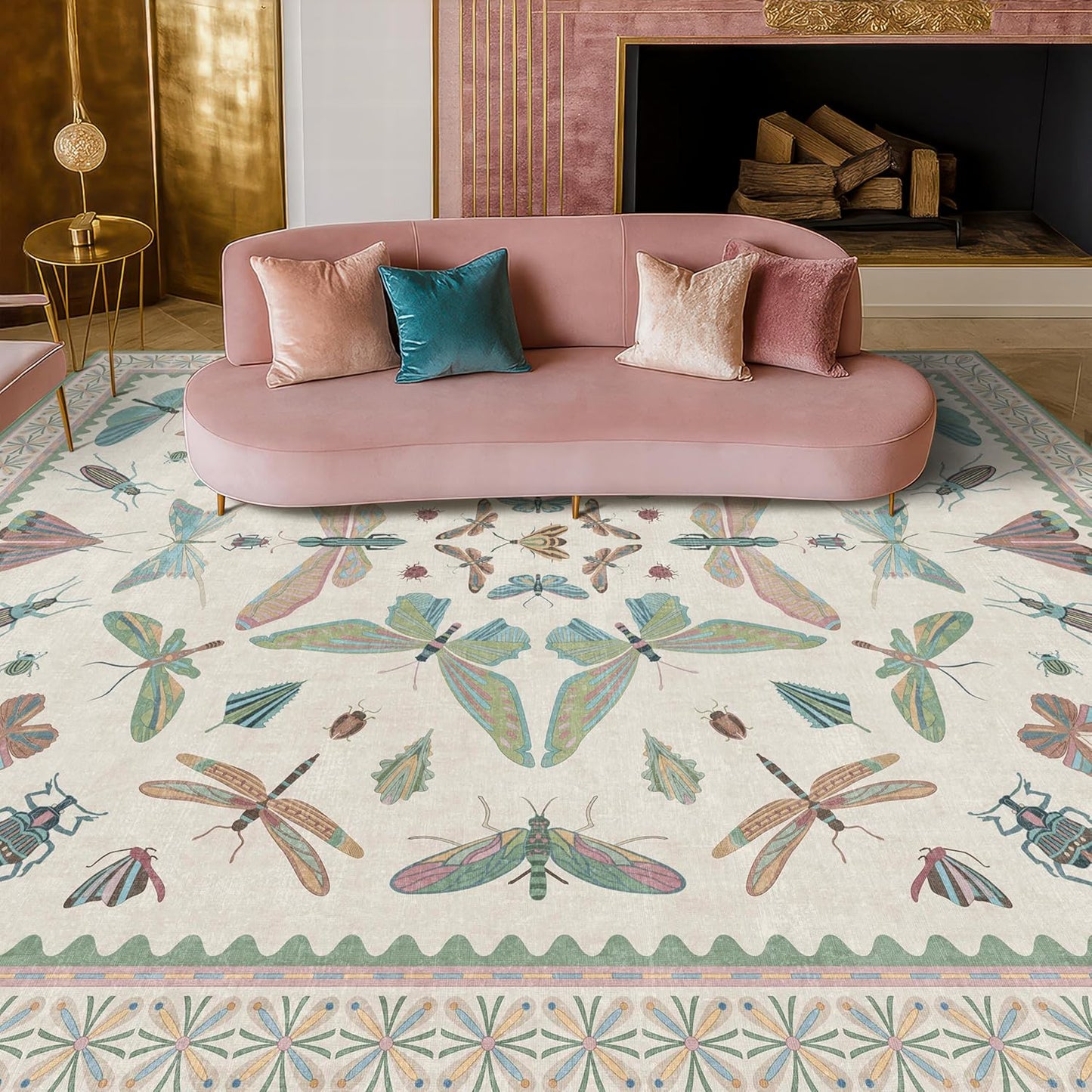 Green Butterfly Rugs for Girls Bedroom - 8x10 Floral Area Rug for Living Room, Dining Room Under Kichen Table, Washable Lightweight Insect Print Large Carpet Indoor