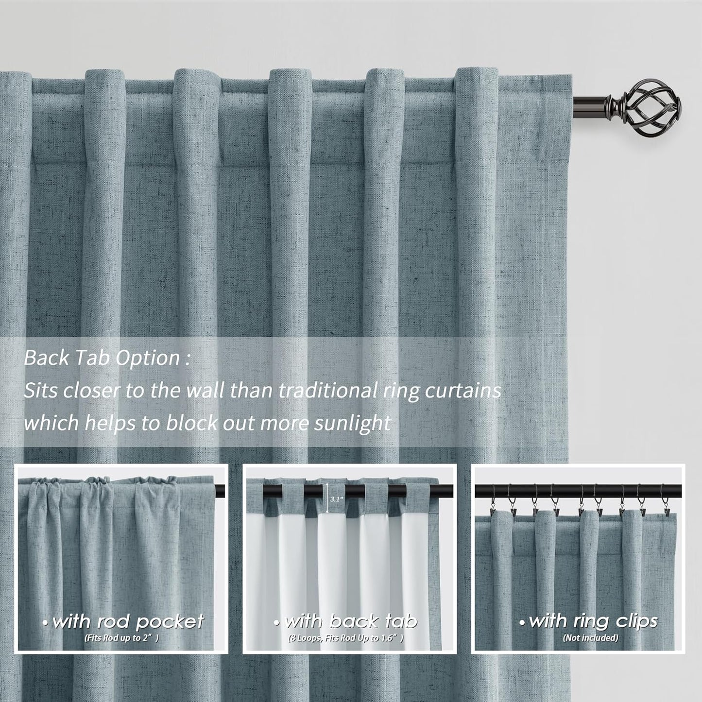 BOODII Room Darkening Curtains 120 Inch Back Tab Thermal Insulated Black Out Linen Drapes Extra Long Blackout Curtains for Patio Door Large Window Ceiling to Floor Light Blocking Stone Blue 52x120