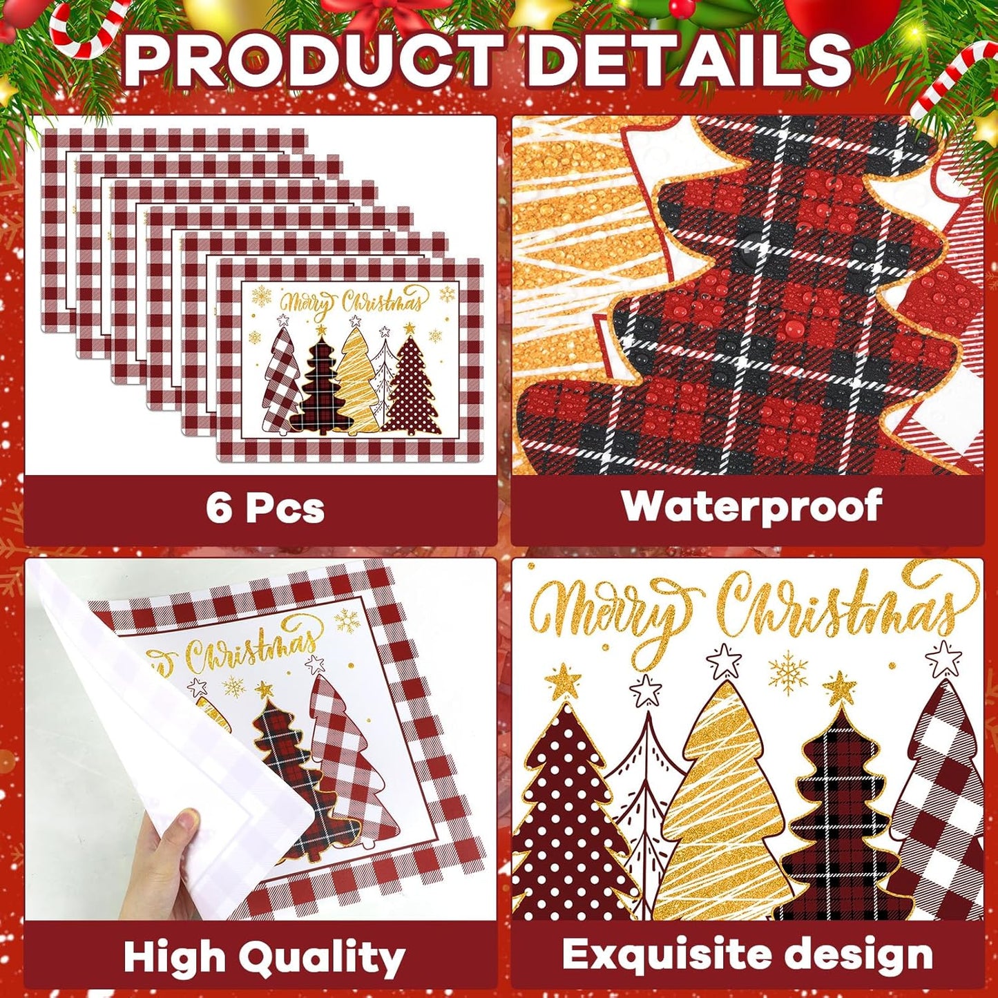 Winter Christmas Placemats Set of 6 Merry Christmas Watercolor Buffalo Plaid Plastic Table Mats Red Gold Xmas Trees Place Mat Holiday Table Decoration for Indoor Outdoor Party Kitchen Dining