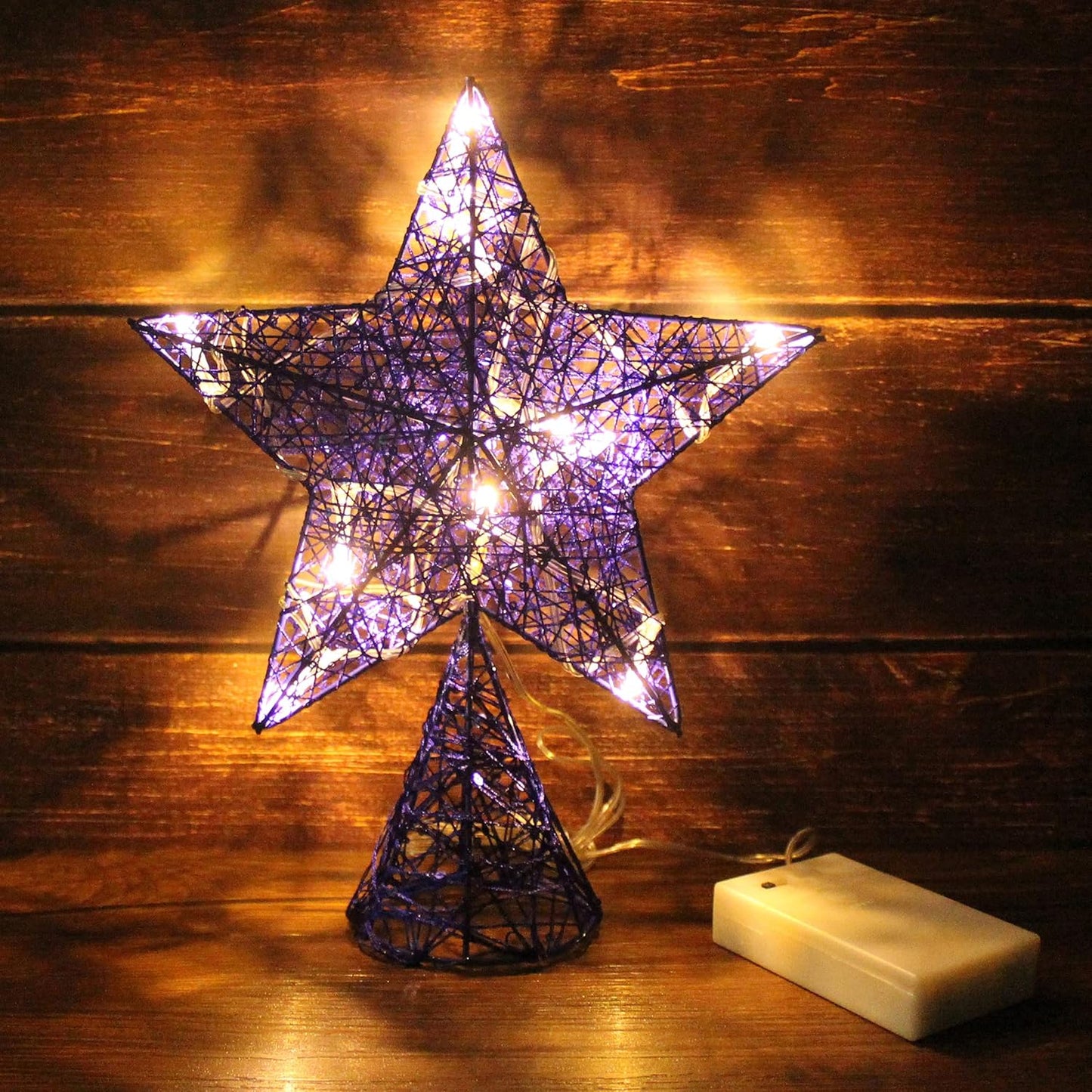 CVHOMEDECO. Blue Tree Top Star with Warm White LED Lights and Timer for Christmas Ornaments and Holiday Seasonal Décor, 8 x 10 Inch