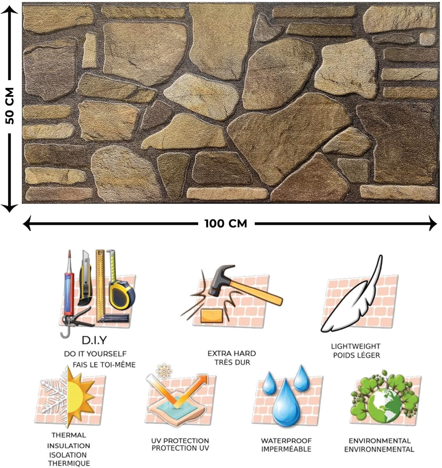Dundee Deco 3D Wall Panels - Cladding Brown Hazel Gold Stone Look Wall Paneling, Styrofoam Facing for Interior and Exterior Applications, DIY, Sample, Size 10 x 10 in.