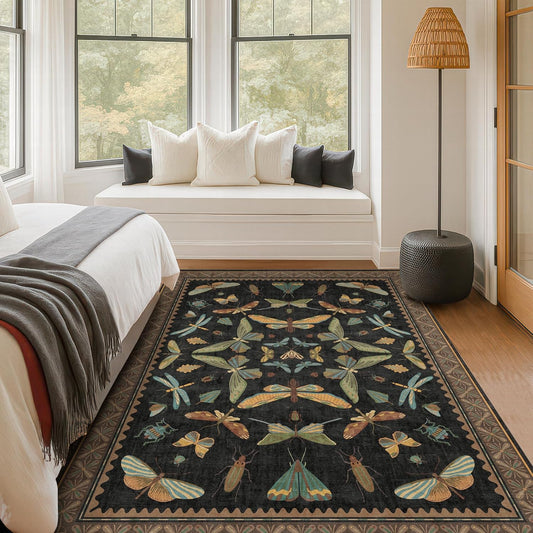 5x8 Black Rug for Bedroom - Boho Large Entryway Rug for Living Room, Under Small Dining Table, Dark Vintage Insect Witch Bug Decor, Washable Low Pile Waterproof Non Slip & Stain Resistance