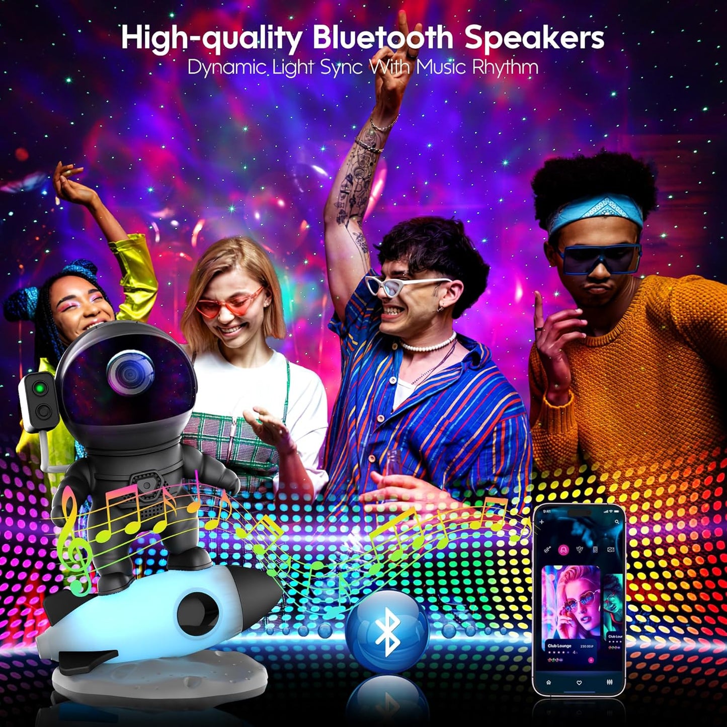 Astronaut Galaxy Projector, Star Projector Rocket Night Light for Kids Room, 360° Adjustable Magnetic Head, Bluetooth Speaker, Timer, White Noise with Remote APP Button Control Idea for Gift