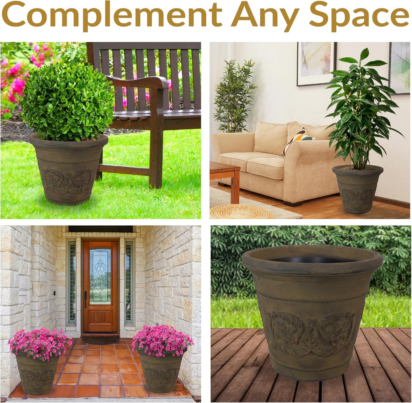 Sunnydaze 19.5-Inch Arabella Large Plant Pot - Polyresin Round Outdoor Planter with Drillable Drainage Holes - Sable