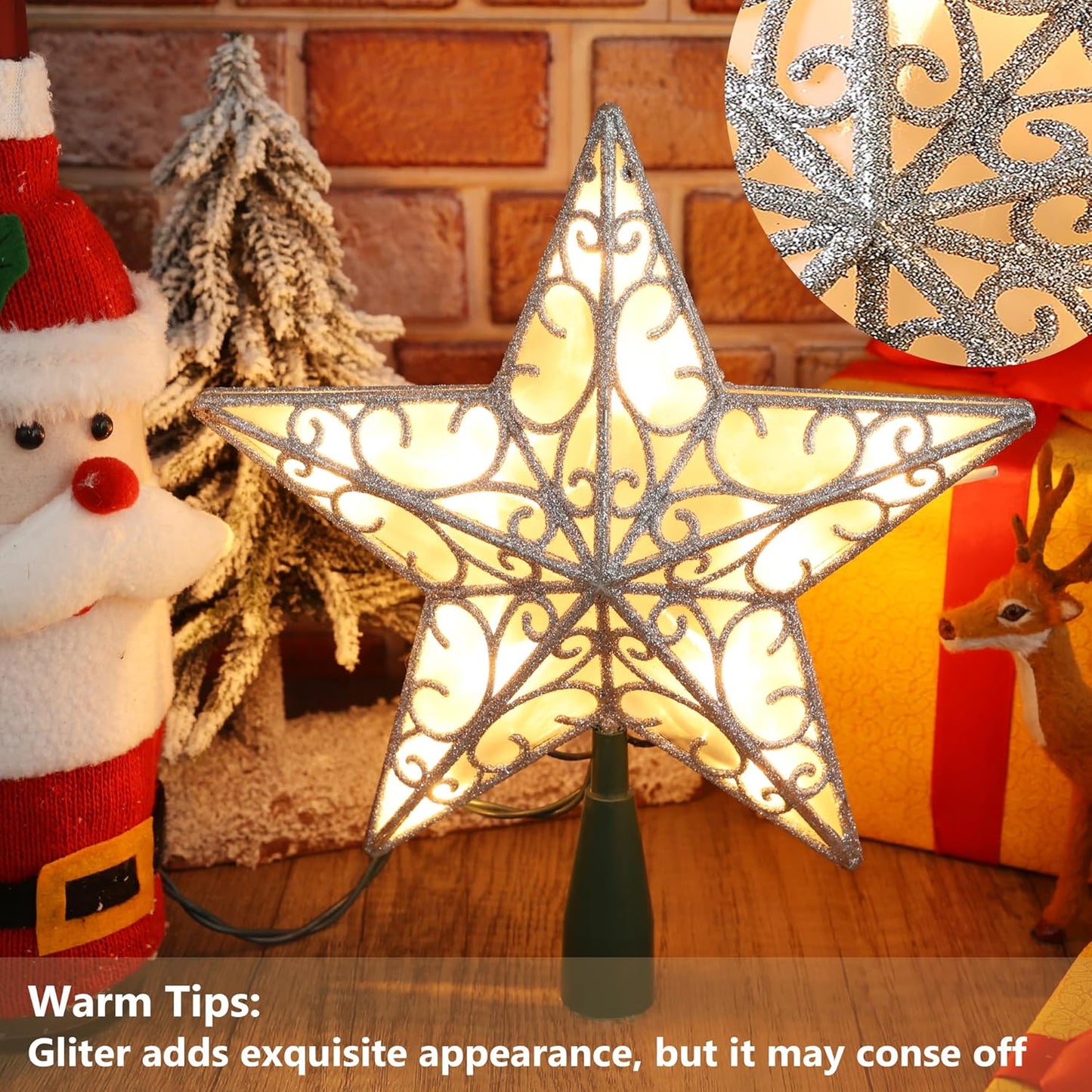 ODEETRONIC Star Christmas Tree Topper, 9.5in UL Certified 3D Star Tree Topper Lights, Double Sided Christmas Tree-top with 10 Count Incandescent Warm White Lights for Xmas Tree New Year Home, Silver