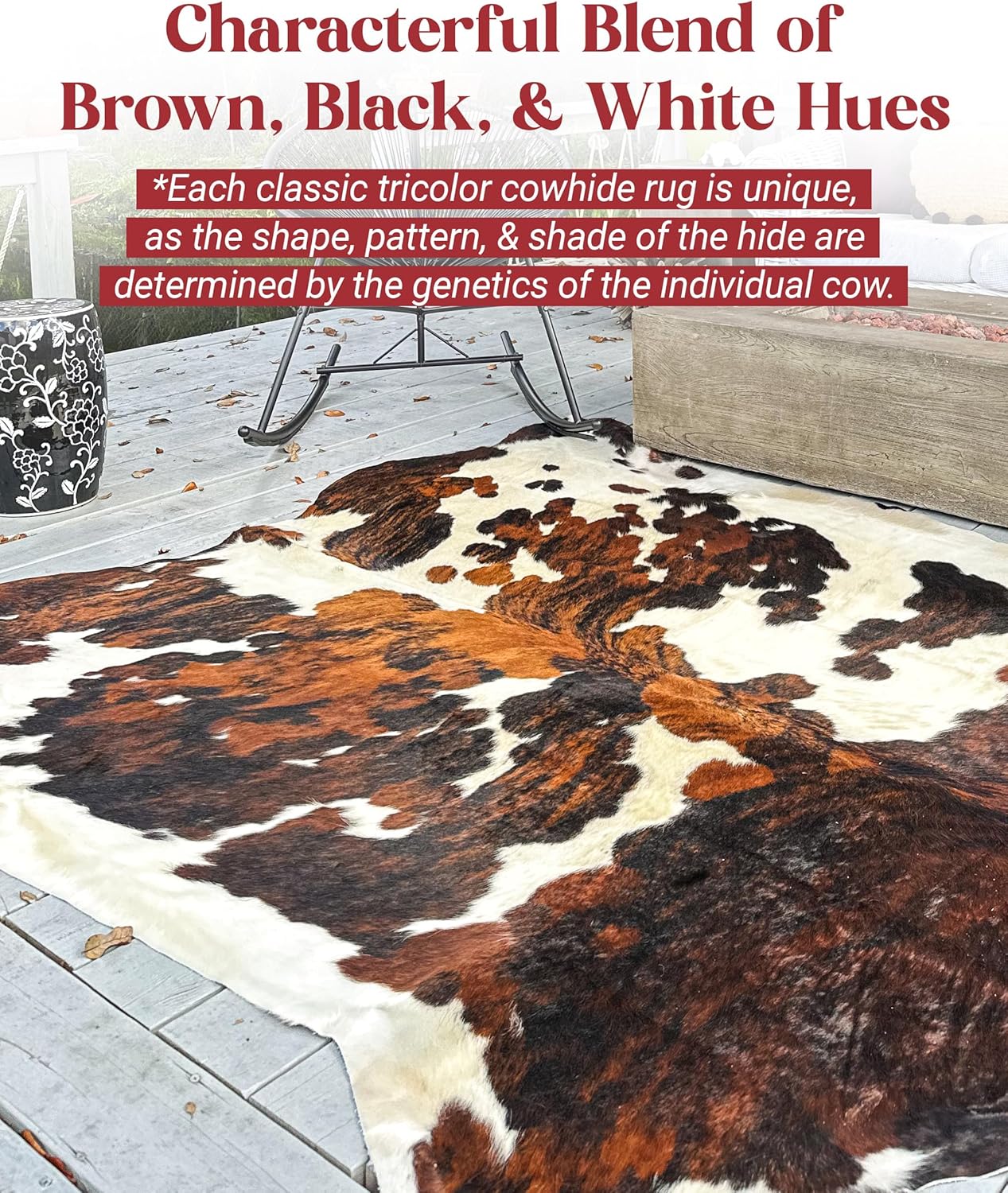 Tricolor Cowhide Rug Classic Brown, Black and White Color Mix, Natural Leather Hide, Area Rug (6x7ft)