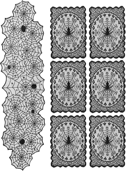 eZAKKA Halloween Table Runner with 4Pcs Placemat, Black Lace Spider Web Table Runners for Parties Gothic Spooky Home Decorations, 18 x 72 Inch