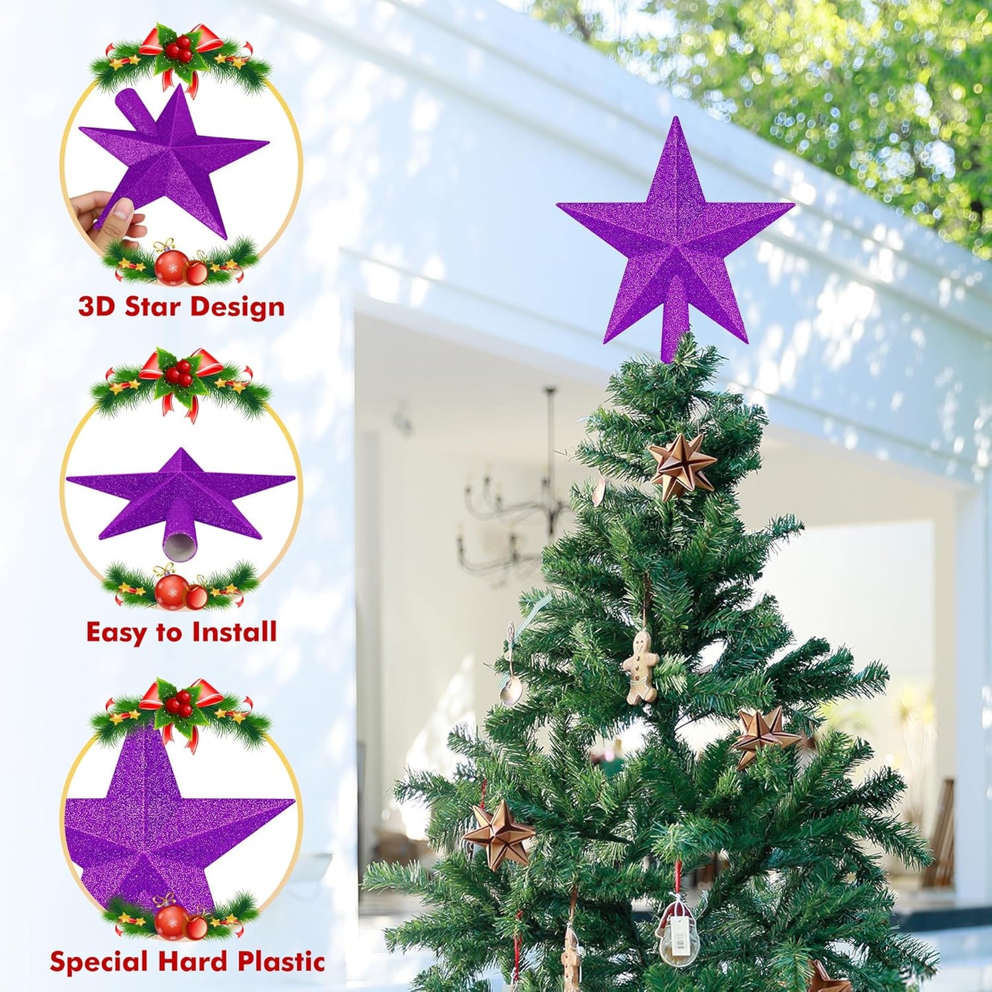 Christmas Tree Decor, 8" Purple Star Christmas Tree Topper Decorations, Xmas Glitter 3D Bethlehem Tree Ornament, Waterproof Holiday Christmas Tree Topper Star Accessories for Home Indoor Outdoor