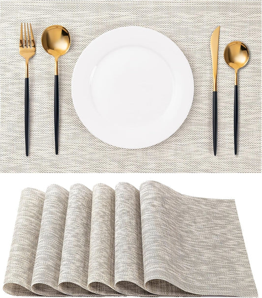 Placemats Set of 6 Washable Indoor/Outdoor Vinyl Place Mats for Dining Table Durable Non-Slip Heat Resistant PVC Weave Table Mats（Beige）