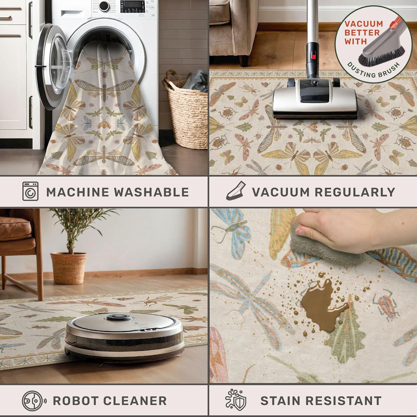 Boho 2x6 Bathroom Runner - Long Rug Runner for Laundry Room, Kitchen, Washable Non Slip Soft Stain Reistant Beige and Yellow Neutral Insect Design Decor